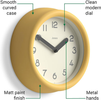 ® Fuze wall Clock | Small Round Clock | Yellow | Playful Modern Design with Soft sculptural Presence | Ideal for Kitchens, Living Rooms, Kid's bedrooms
