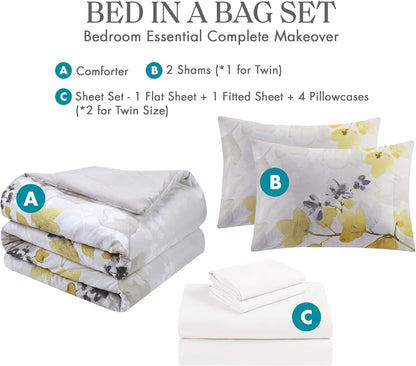 Bed in A Bag - Trendy Casual Design Cozy Comforter with Complete Sheet Set with Side Pocket, All Season Cover, Matching Shams, Queen, Alexis, Leaf Yellow 9 Piece