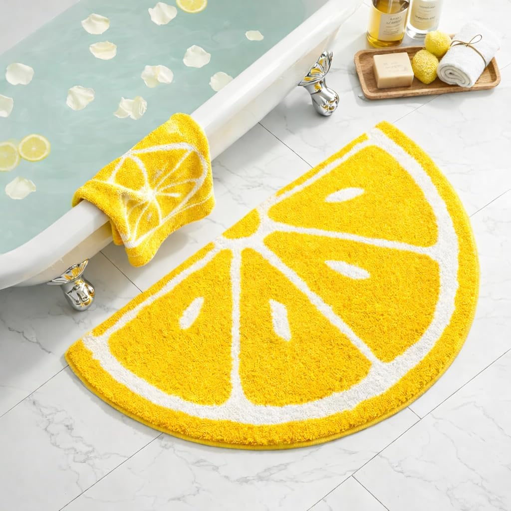19.7x31.5 inch Half Round Microfiber Soft Lemon Shape Bathroom Rugs Non Slip Shag Bath Mat Rug for Kitchen Bedroom Rubber Shower for Floor Living Room Mats (50x80cm, Lemon)
