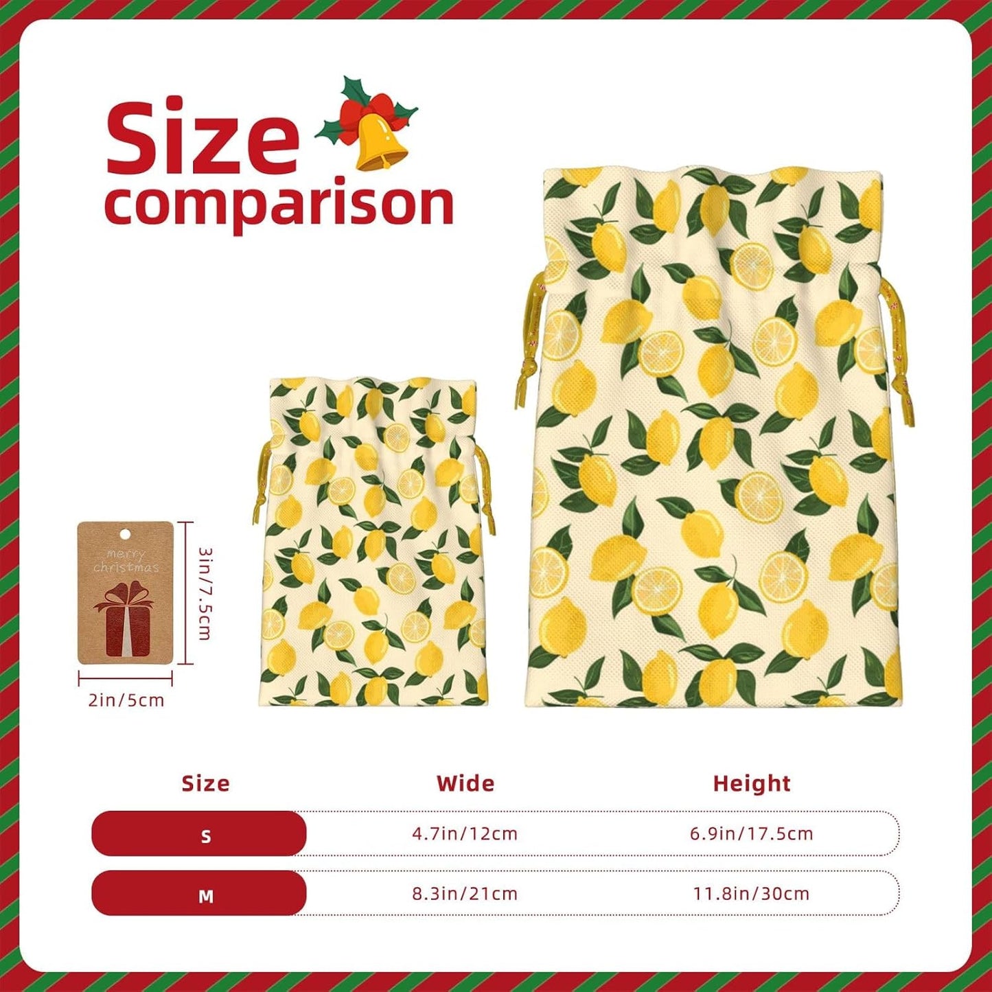 Lemon Slices And Lemons For Christmas Drawstring Gift Bags, 4.7"x6.9" Holiday Gift Wrapping Bag For Xmas Holiday Present Wrapping & Festival Party Supplies