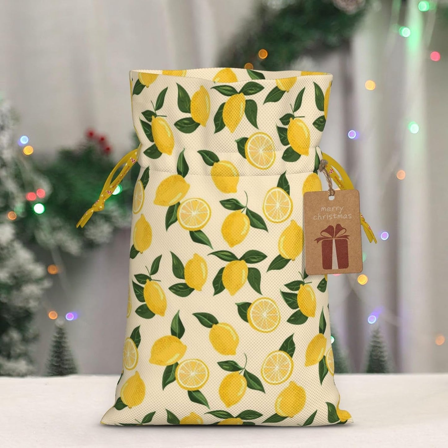 Lemon Slices And Lemons For Christmas Drawstring Gift Bags, 4.7"x6.9" Holiday Gift Wrapping Bag For Xmas Holiday Present Wrapping & Festival Party Supplies