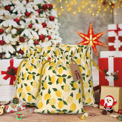 Lemon Slices And Lemons For Christmas Drawstring Gift Bags, 4.7"x6.9" Holiday Gift Wrapping Bag For Xmas Holiday Present Wrapping & Festival Party Supplies