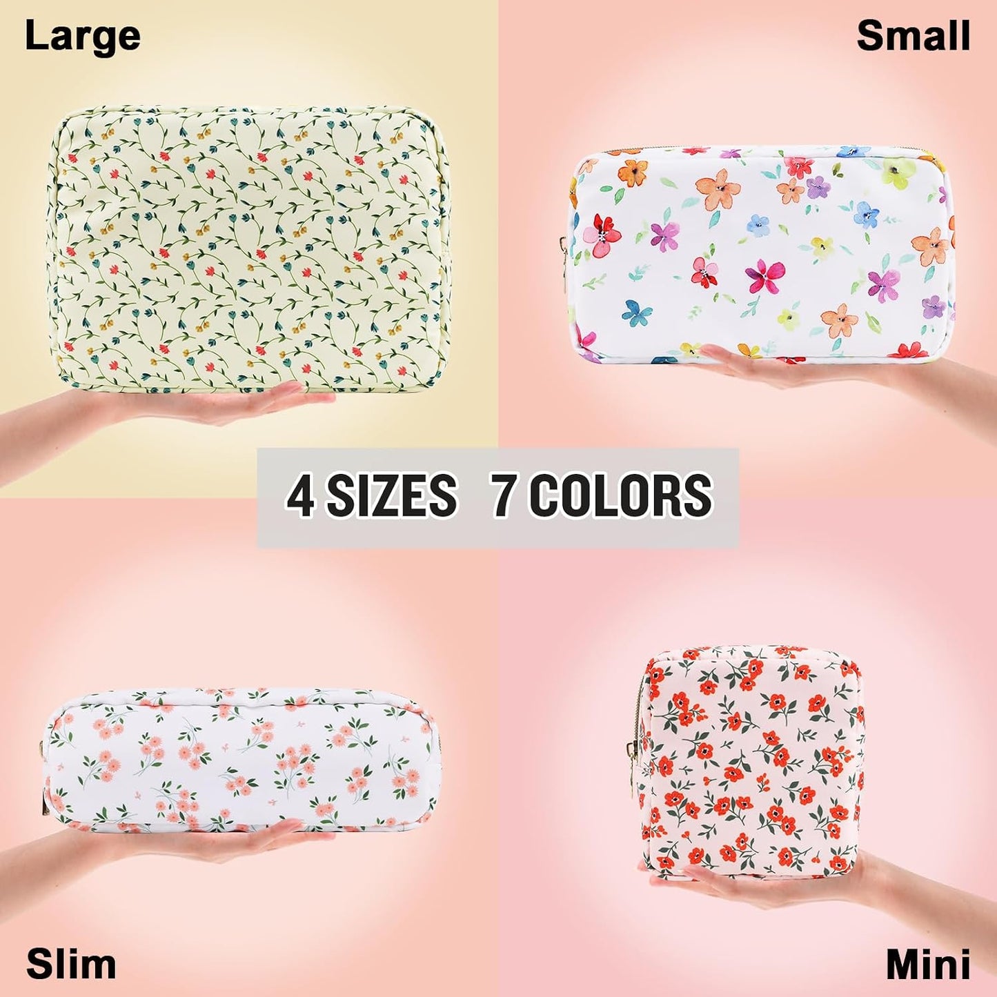 Nylon Small Floral Makeup Bag Slim Pouch, Preppy Cute Makeup Brush Case Bag Flower Cosmetic Zipper Pouch for Purse, Waterproof Travel Toiletry Bag Make Up Organizer for Women Girl(Light Yellow-Flower)