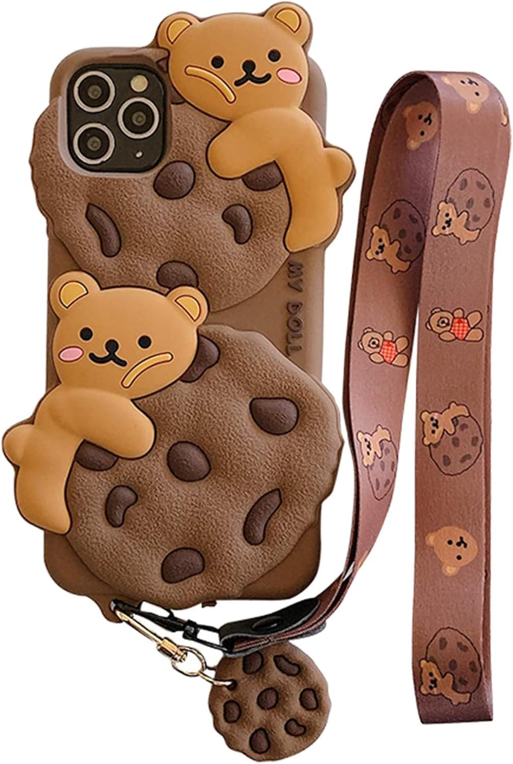 Case for iPhone 15 with Strap Lanyard Keychain Cute Bear Cookie Kawaii Funny Soft Silicone Shockproof Protective Cover for Women Girls