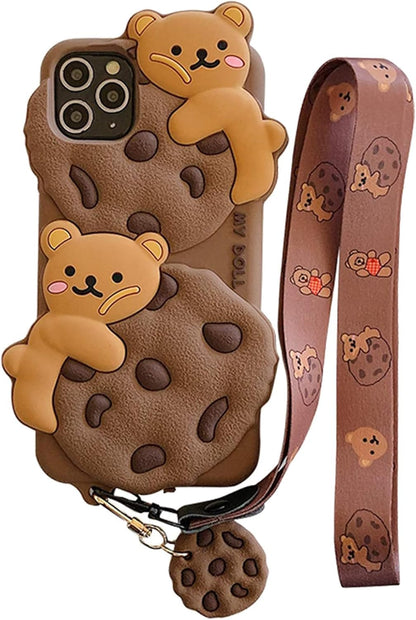 Case for iPhone 15 with Strap Lanyard Keychain Cute Bear Cookie Kawaii Funny Soft Silicone Shockproof Protective Cover for Women Girls