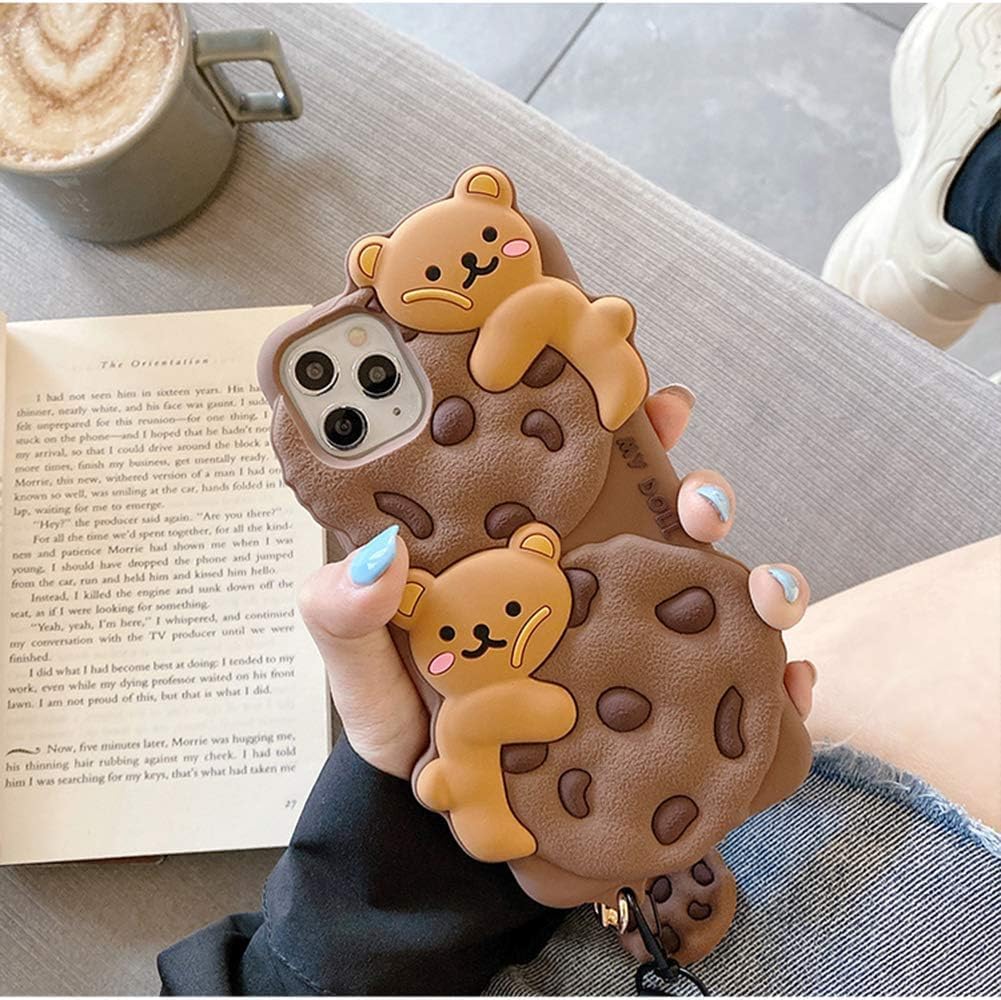 Case for iPhone 15 with Strap Lanyard Keychain Cute Bear Cookie Kawaii Funny Soft Silicone Shockproof Protective Cover for Women Girls