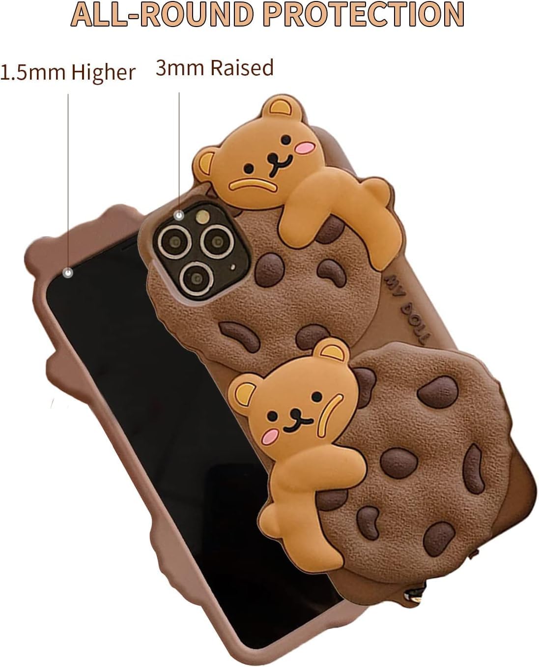 Case for iPhone 15 with Strap Lanyard Keychain Cute Bear Cookie Kawaii Funny Soft Silicone Shockproof Protective Cover for Women Girls
