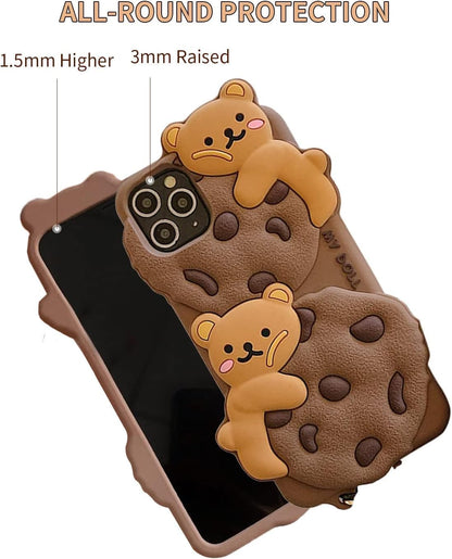 Case for iPhone 15 with Strap Lanyard Keychain Cute Bear Cookie Kawaii Funny Soft Silicone Shockproof Protective Cover for Women Girls