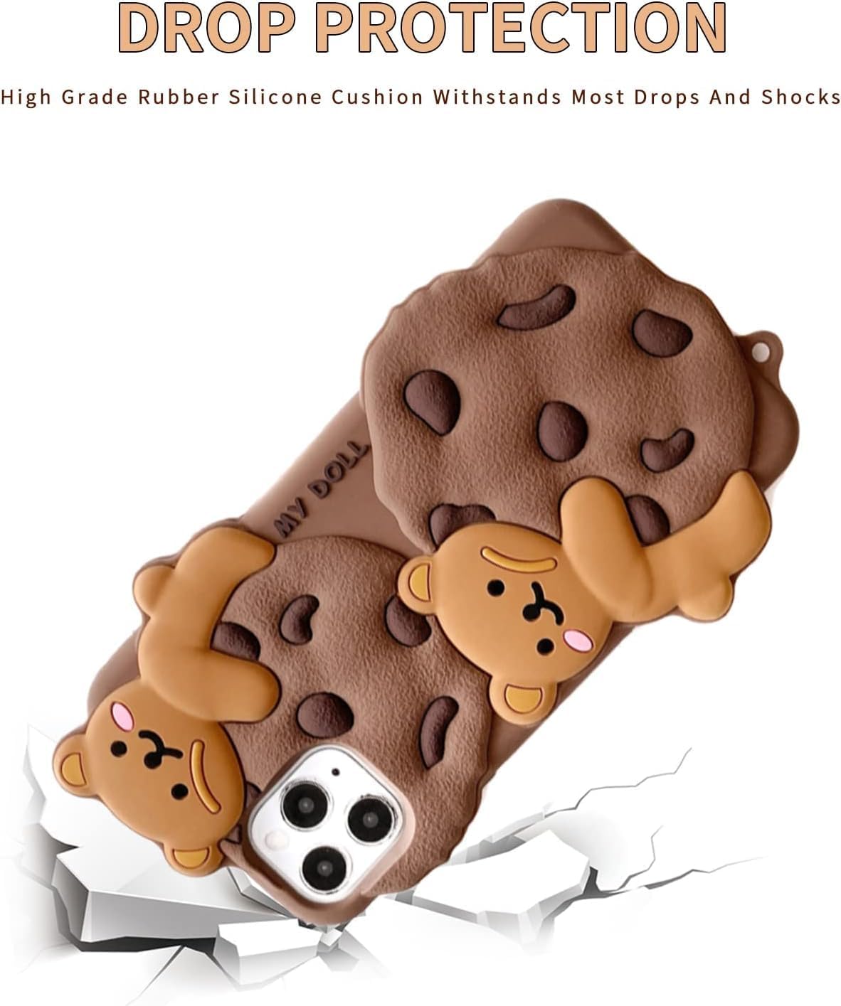 Case for iPhone 15 with Strap Lanyard Keychain Cute Bear Cookie Kawaii Funny Soft Silicone Shockproof Protective Cover for Women Girls