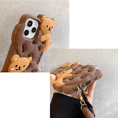 Case for iPhone 15 with Strap Lanyard Keychain Cute Bear Cookie Kawaii Funny Soft Silicone Shockproof Protective Cover for Women Girls