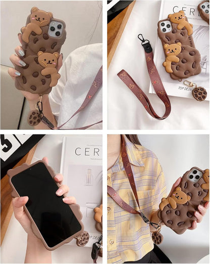 Case for iPhone 15 with Strap Lanyard Keychain Cute Bear Cookie Kawaii Funny Soft Silicone Shockproof Protective Cover for Women Girls