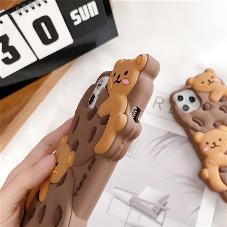 Case for iPhone 15 with Strap Lanyard Keychain Cute Bear Cookie Kawaii Funny Soft Silicone Shockproof Protective Cover for Women Girls