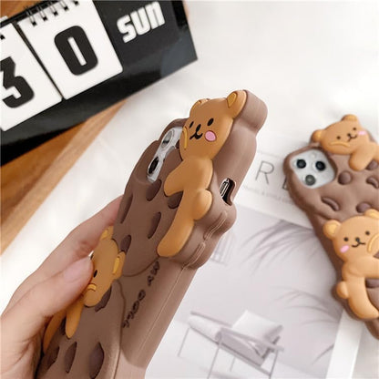 Case for iPhone 15 with Strap Lanyard Keychain Cute Bear Cookie Kawaii Funny Soft Silicone Shockproof Protective Cover for Women Girls