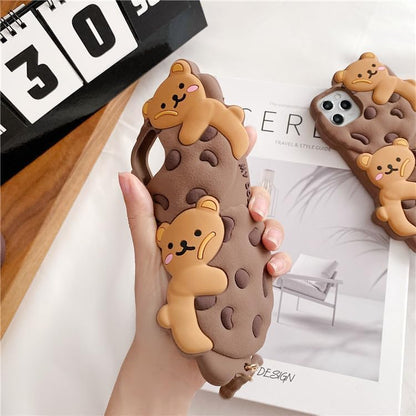 Case for iPhone 15 with Strap Lanyard Keychain Cute Bear Cookie Kawaii Funny Soft Silicone Shockproof Protective Cover for Women Girls