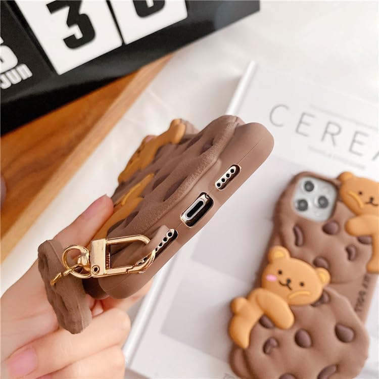 Case for iPhone 15 with Strap Lanyard Keychain Cute Bear Cookie Kawaii Funny Soft Silicone Shockproof Protective Cover for Women Girls