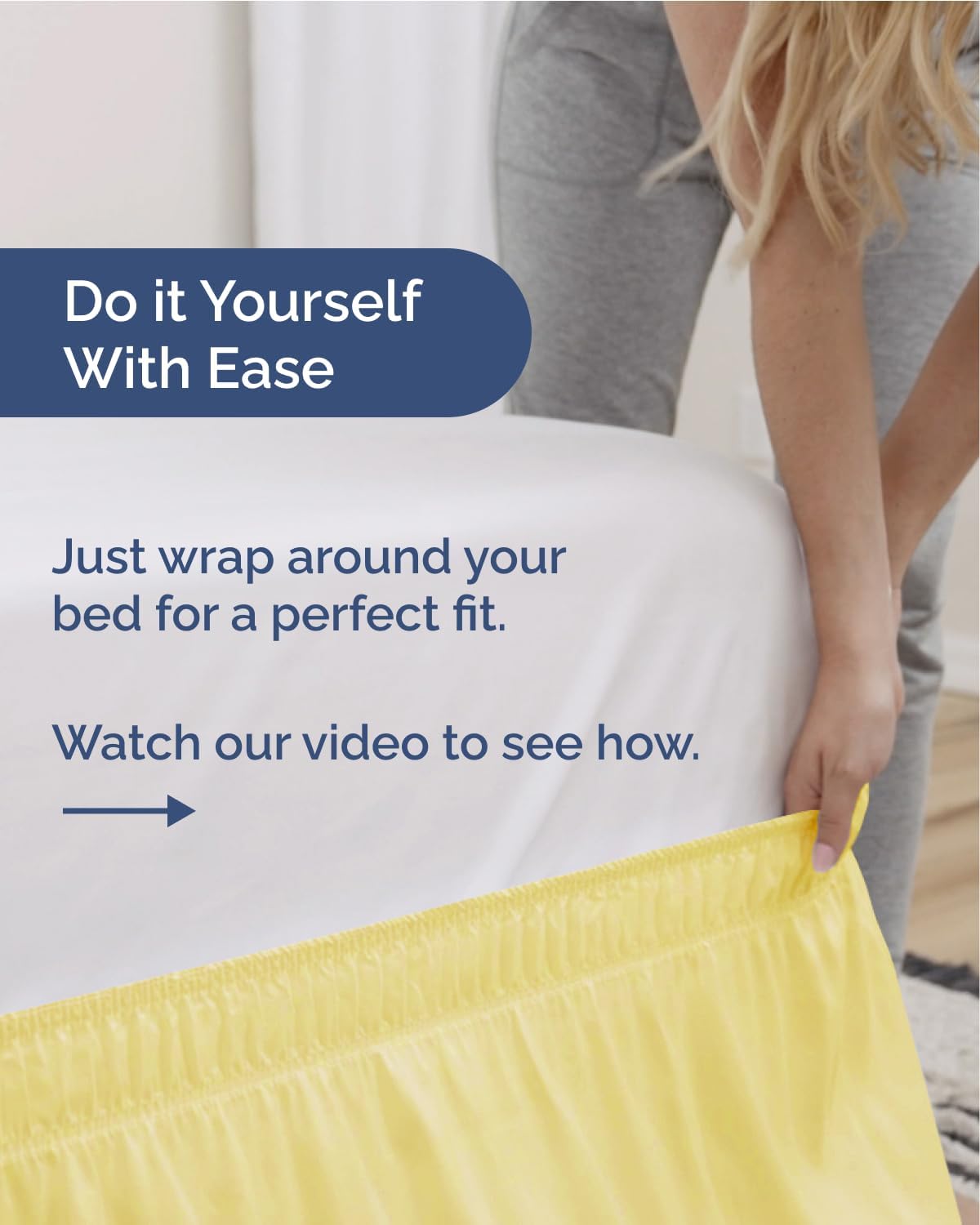 Wrap Around Dust Ruffle Bed Skirt - Yellow - for Queen Size Beds with 12 Inch Drop - Easy Fit Elastic Strap - Adjustable Pleated Bedskirt w/Brushed Fabric Wrinkle Free - for Women, Men, Kids & Teens