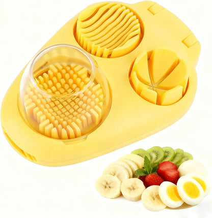 3-In-1 Egg Slicer, Yellow | Stainless Steel, Heavy Duty, For Hard Boiled Eggs, Fits Strawberry Apple Banana Cherry Tomato