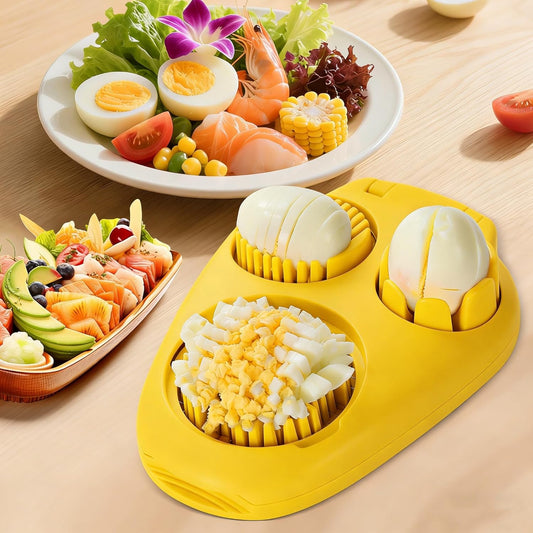 3-In-1 Egg Slicer, Yellow | Stainless Steel, Heavy Duty, For Hard Boiled Eggs, Fits Strawberry Apple Banana Cherry Tomato