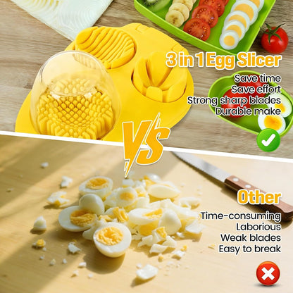 3-In-1 Egg Slicer, Yellow | Stainless Steel, Heavy Duty, For Hard Boiled Eggs, Fits Strawberry Apple Banana Cherry Tomato