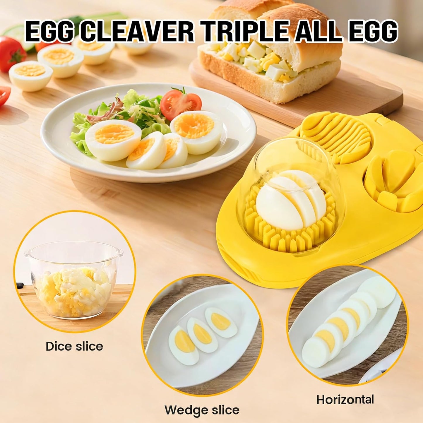 3-In-1 Egg Slicer, Yellow | Stainless Steel, Heavy Duty, For Hard Boiled Eggs, Fits Strawberry Apple Banana Cherry Tomato