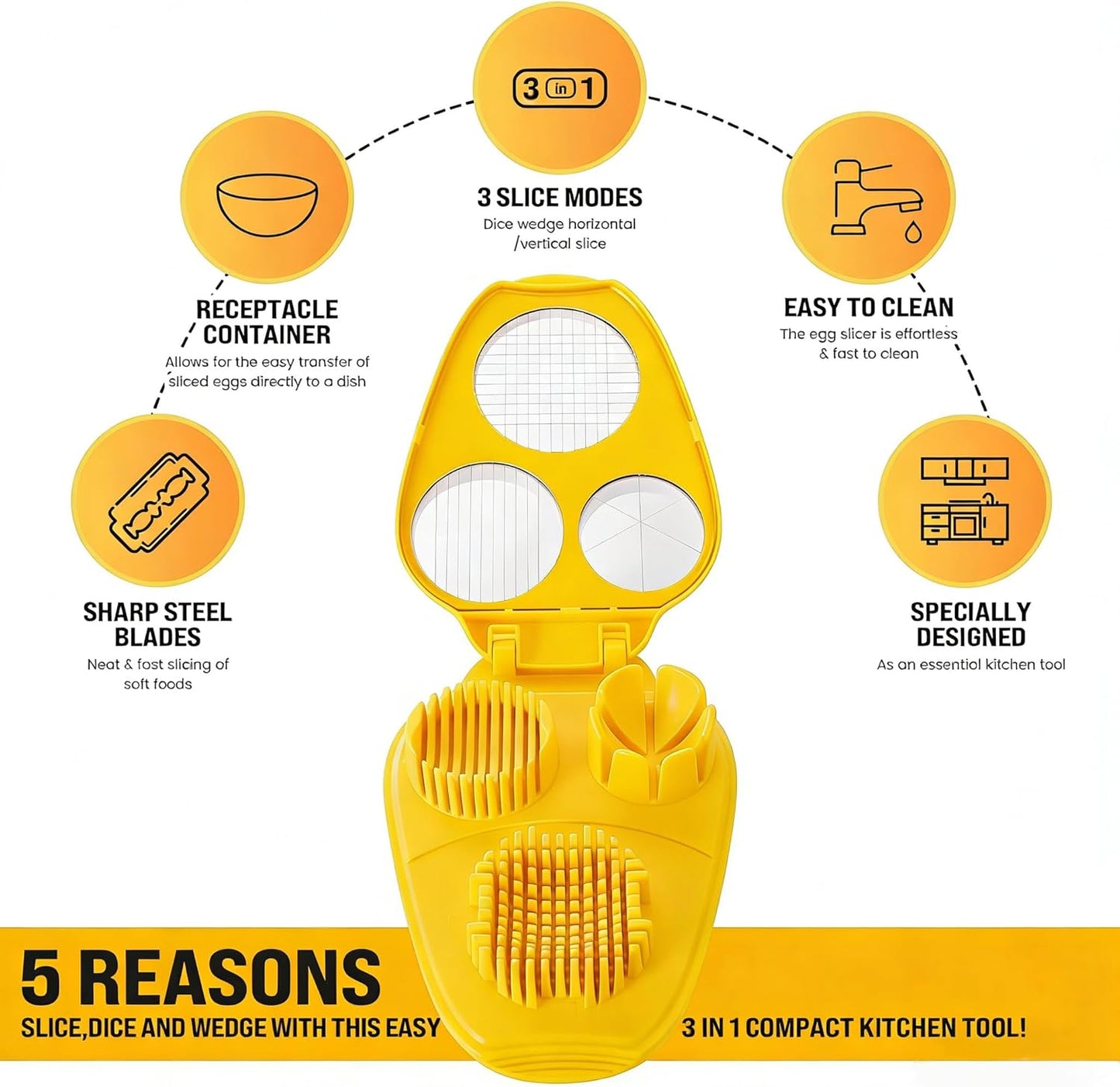 3-In-1 Egg Slicer, Yellow | Stainless Steel, Heavy Duty, For Hard Boiled Eggs, Fits Strawberry Apple Banana Cherry Tomato