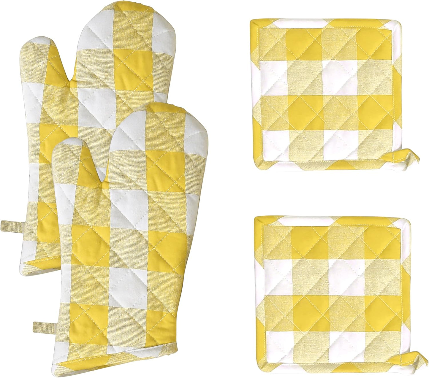Buffalo Plaid Check Oven Mitts and Pot Holders Set of 4, 100% Cotton Heat Resistant Kitchen Gloves, 2 Oven Mitts (7x13), 2 Pot Holders (8x8) for Cooking & Baking, Lemon Yellow White