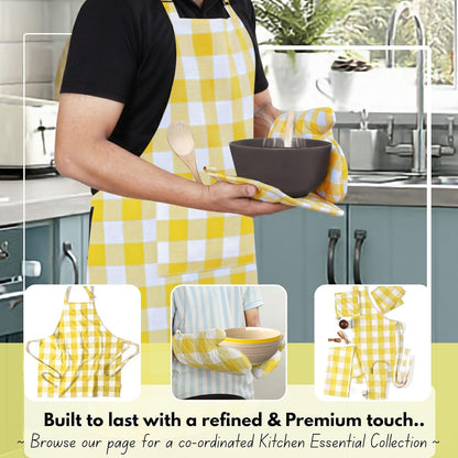 Buffalo Plaid Check Oven Mitts and Pot Holders Set of 4, 100% Cotton Heat Resistant Kitchen Gloves, 2 Oven Mitts (7x13), 2 Pot Holders (8x8) for Cooking & Baking, Lemon Yellow White