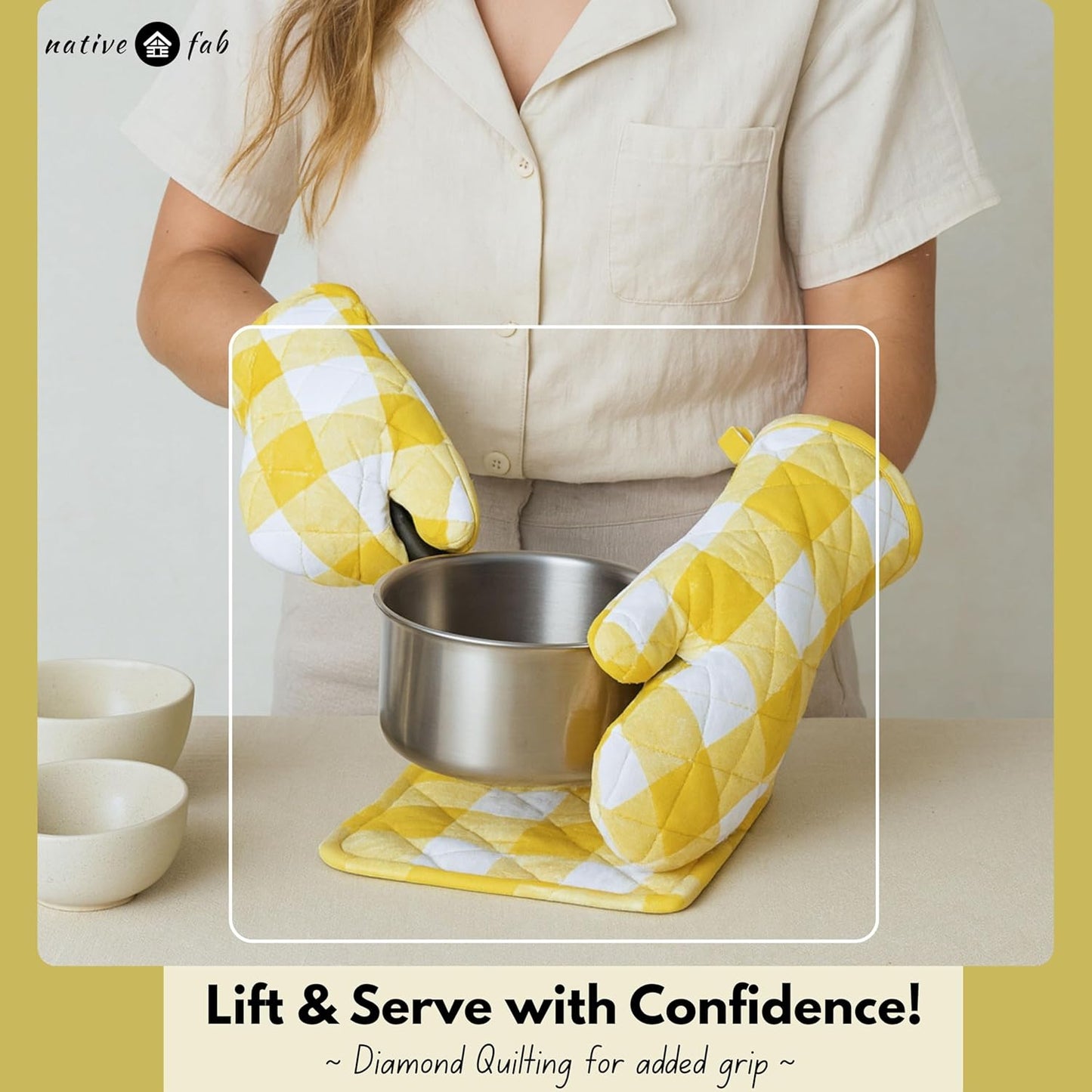 Buffalo Plaid Check Oven Mitts and Pot Holders Set of 4, 100% Cotton Heat Resistant Kitchen Gloves, 2 Oven Mitts (7x13), 2 Pot Holders (8x8) for Cooking & Baking, Lemon Yellow White