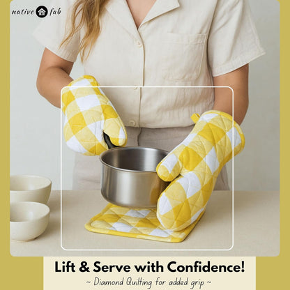 Buffalo Plaid Check Oven Mitts and Pot Holders Set of 4, 100% Cotton Heat Resistant Kitchen Gloves, 2 Oven Mitts (7x13), 2 Pot Holders (8x8) for Cooking & Baking, Lemon Yellow White