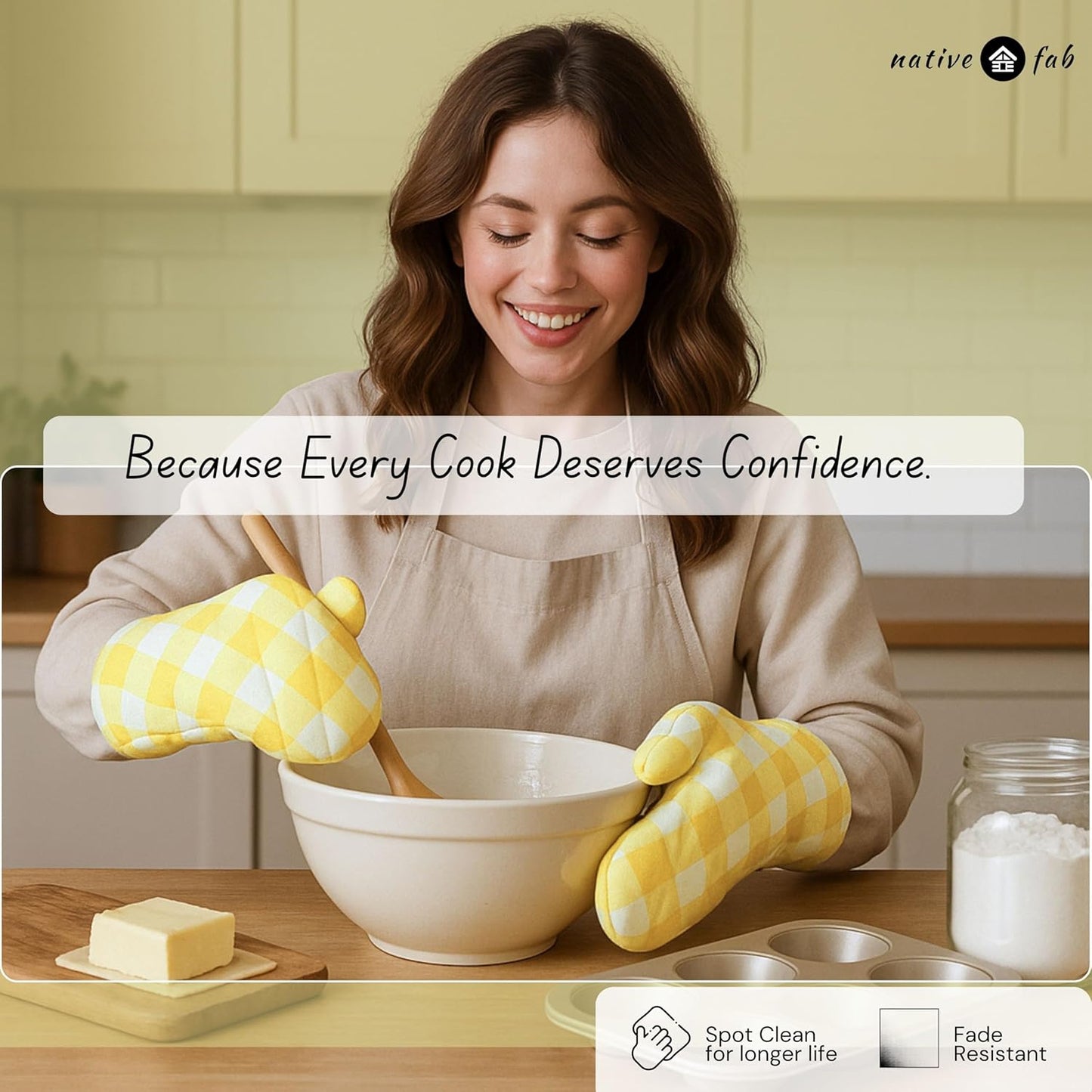 Buffalo Plaid Check Oven Mitts and Pot Holders Set of 4, 100% Cotton Heat Resistant Kitchen Gloves, 2 Oven Mitts (7x13), 2 Pot Holders (8x8) for Cooking & Baking, Lemon Yellow White