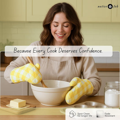 Buffalo Plaid Check Oven Mitts and Pot Holders Set of 4, 100% Cotton Heat Resistant Kitchen Gloves, 2 Oven Mitts (7x13), 2 Pot Holders (8x8) for Cooking & Baking, Lemon Yellow White