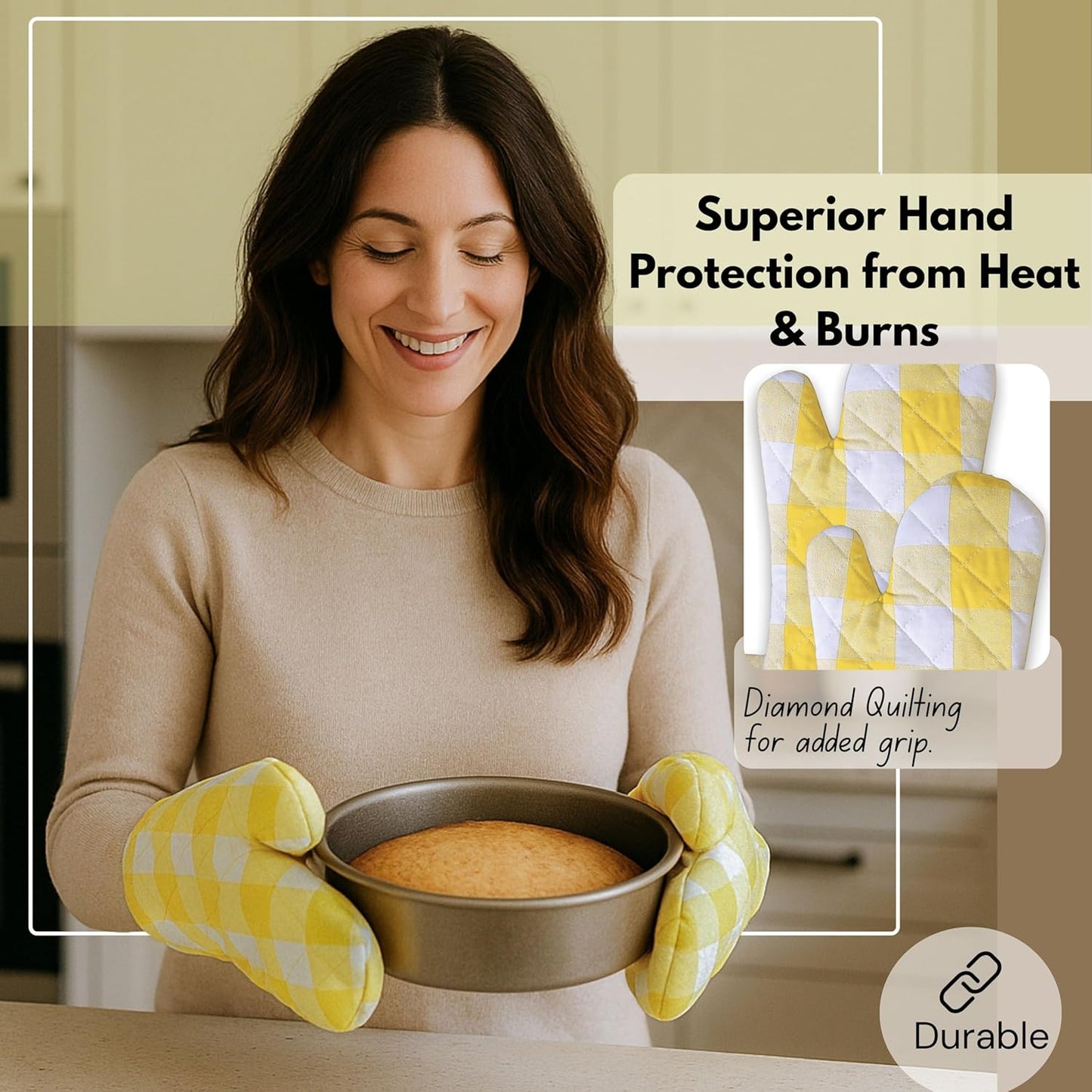 Buffalo Plaid Check Oven Mitts and Pot Holders Set of 4, 100% Cotton Heat Resistant Kitchen Gloves, 2 Oven Mitts (7x13), 2 Pot Holders (8x8) for Cooking & Baking, Lemon Yellow White