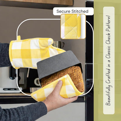 Buffalo Plaid Check Oven Mitts and Pot Holders Set of 4, 100% Cotton Heat Resistant Kitchen Gloves, 2 Oven Mitts (7x13), 2 Pot Holders (8x8) for Cooking & Baking, Lemon Yellow White