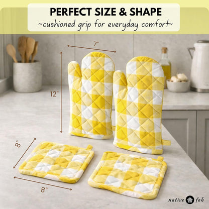Buffalo Plaid Check Oven Mitts and Pot Holders Set of 4, 100% Cotton Heat Resistant Kitchen Gloves, 2 Oven Mitts (7x13), 2 Pot Holders (8x8) for Cooking & Baking, Lemon Yellow White
