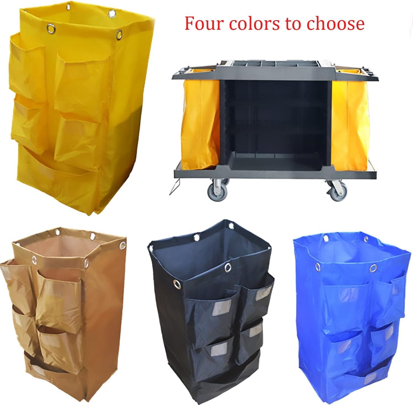 Replacement Janitorial Cart Bag with 5 Pockets,25 Gallon Housekeeping cart Bag High Capacity Waterproof Thickened Commercial Janitorial Cleaning Cart Bag with 6 Brass Grommets (Yellow with 5 Pockets)