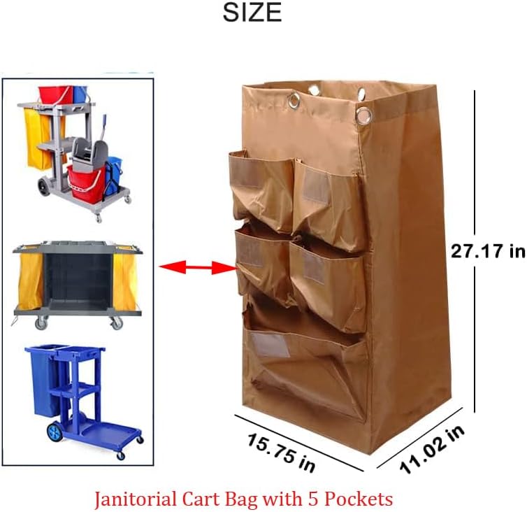 Replacement Janitorial Cart Bag with 5 Pockets,25 Gallon Housekeeping cart Bag High Capacity Waterproof Thickened Commercial Janitorial Cleaning Cart Bag with 6 Brass Grommets (Yellow with 5 Pockets)