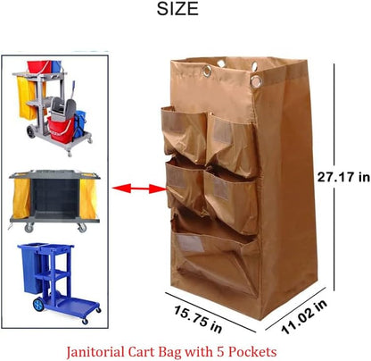 Replacement Janitorial Cart Bag with 5 Pockets,25 Gallon Housekeeping cart Bag High Capacity Waterproof Thickened Commercial Janitorial Cleaning Cart Bag with 6 Brass Grommets (Yellow with 5 Pockets)