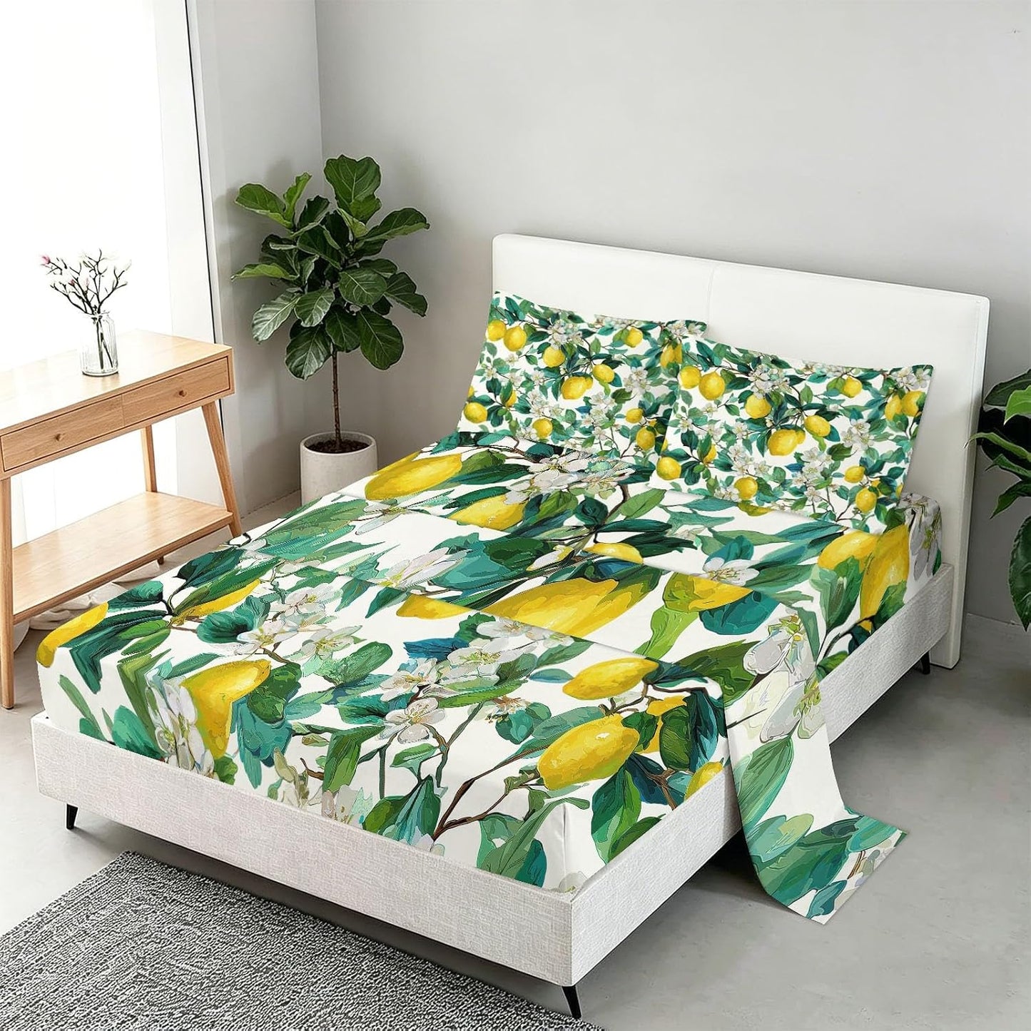 King Size Sheet Set Fruits Floral – 4 Piece Bed Sheets Fresh Yellow Lemons White Flowers, Soft Microfiber, Includes 1 Fitted Sheet, 1 Flat Sheet and 2 Pillowcases, for Guest Room, Yellow White