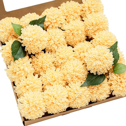 Creamy Yellow Artificial Dahlias, Wedding Flowers, 25 pcs | Artificial Foam Dahlias, Real Touch Flower Blooms with Stems for DIY Wedding Bouquets, Centerpieces, Party & Home Decor