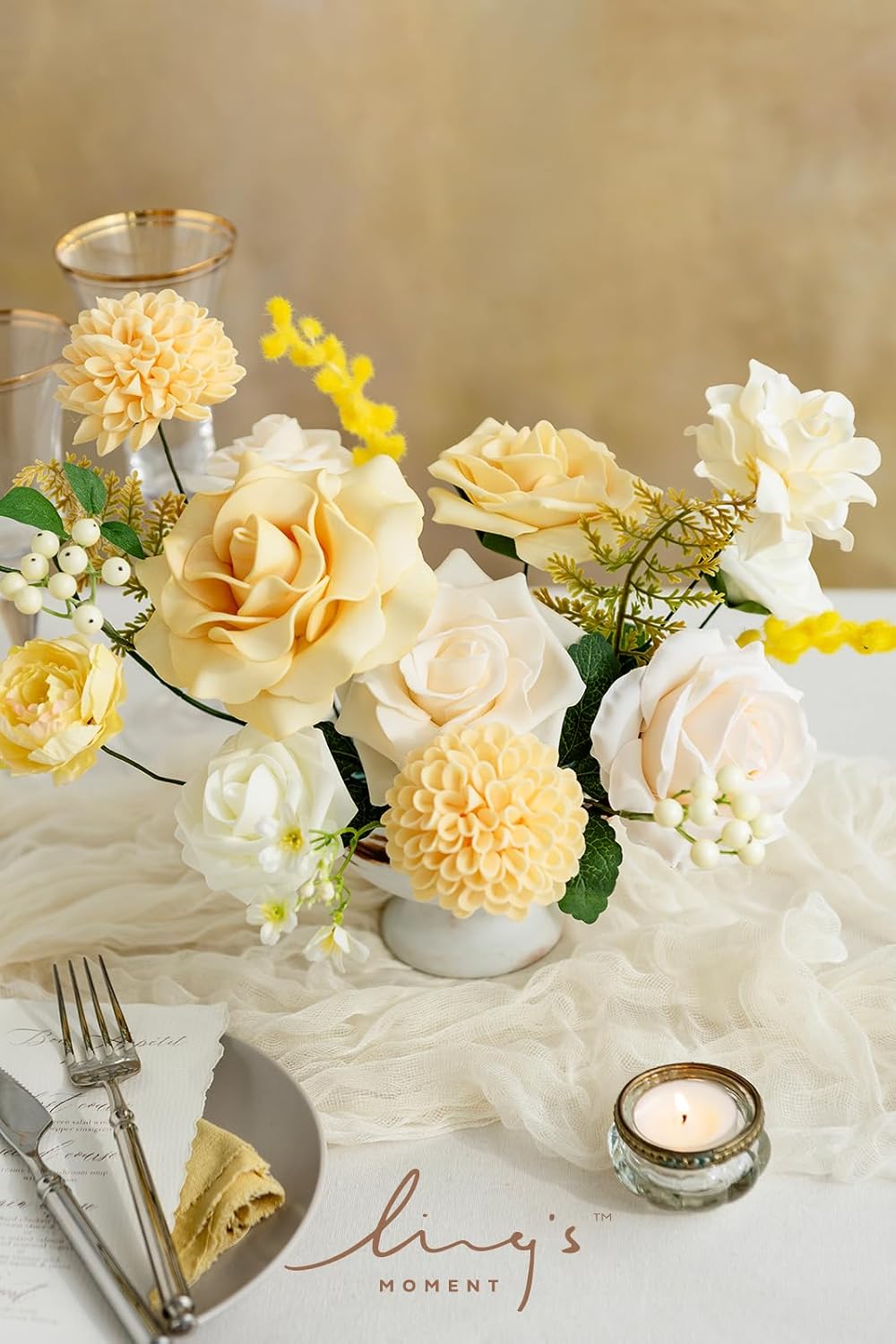Creamy Yellow Artificial Dahlias, Wedding Flowers, 25 pcs | Artificial Foam Dahlias, Real Touch Flower Blooms with Stems for DIY Wedding Bouquets, Centerpieces, Party & Home Decor