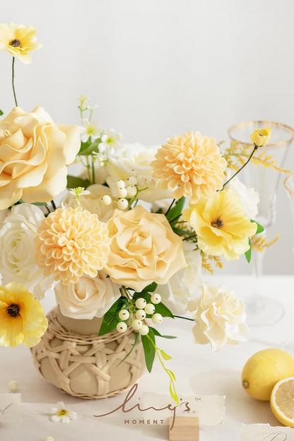 Creamy Yellow Artificial Dahlias, Wedding Flowers, 25 pcs | Artificial Foam Dahlias, Real Touch Flower Blooms with Stems for DIY Wedding Bouquets, Centerpieces, Party & Home Decor