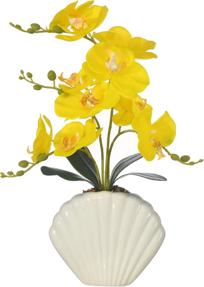 16" Yellow Silk Phalaenopsis Orchid in Seashell Pot for Table Décor | Lifelike Petals in Unique Shell-shaped Ceramic Pot for Home, Office, Table Centerpiece, No Watering, No Fading