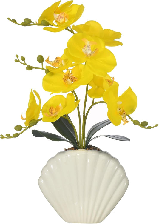 16" Yellow Silk Phalaenopsis Orchid in Seashell Pot for Table Décor | Lifelike Petals in Unique Shell-shaped Ceramic Pot for Home, Office, Table Centerpiece, No Watering, No Fading