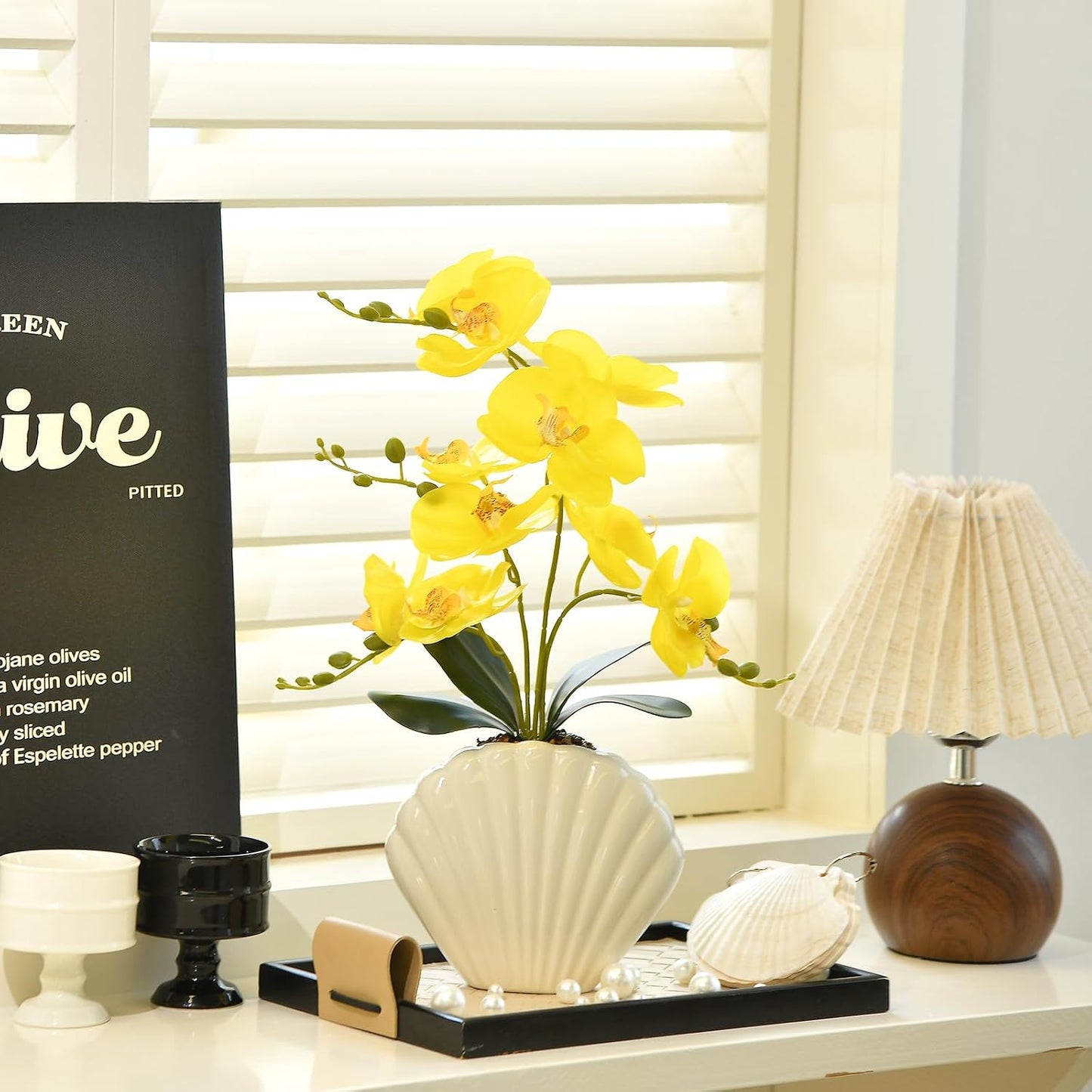 16" Yellow Silk Phalaenopsis Orchid in Seashell Pot for Table Décor | Lifelike Petals in Unique Shell-shaped Ceramic Pot for Home, Office, Table Centerpiece, No Watering, No Fading