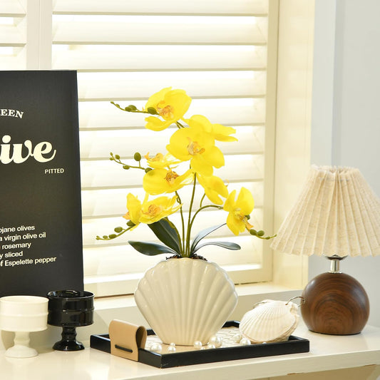 16" Yellow Silk Phalaenopsis Orchid in Seashell Pot for Table Décor | Lifelike Petals in Unique Shell-shaped Ceramic Pot for Home, Office, Table Centerpiece, No Watering, No Fading