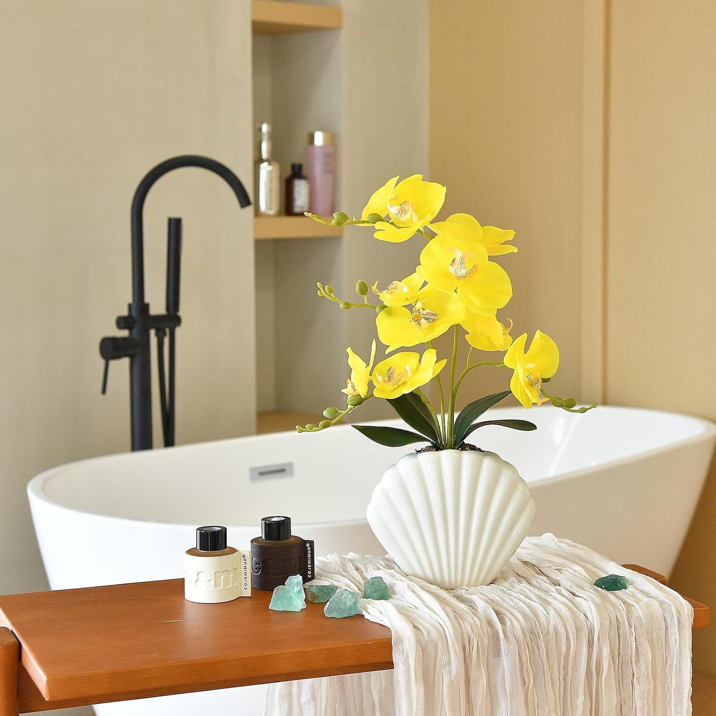16" Yellow Silk Phalaenopsis Orchid in Seashell Pot for Table Décor | Lifelike Petals in Unique Shell-shaped Ceramic Pot for Home, Office, Table Centerpiece, No Watering, No Fading