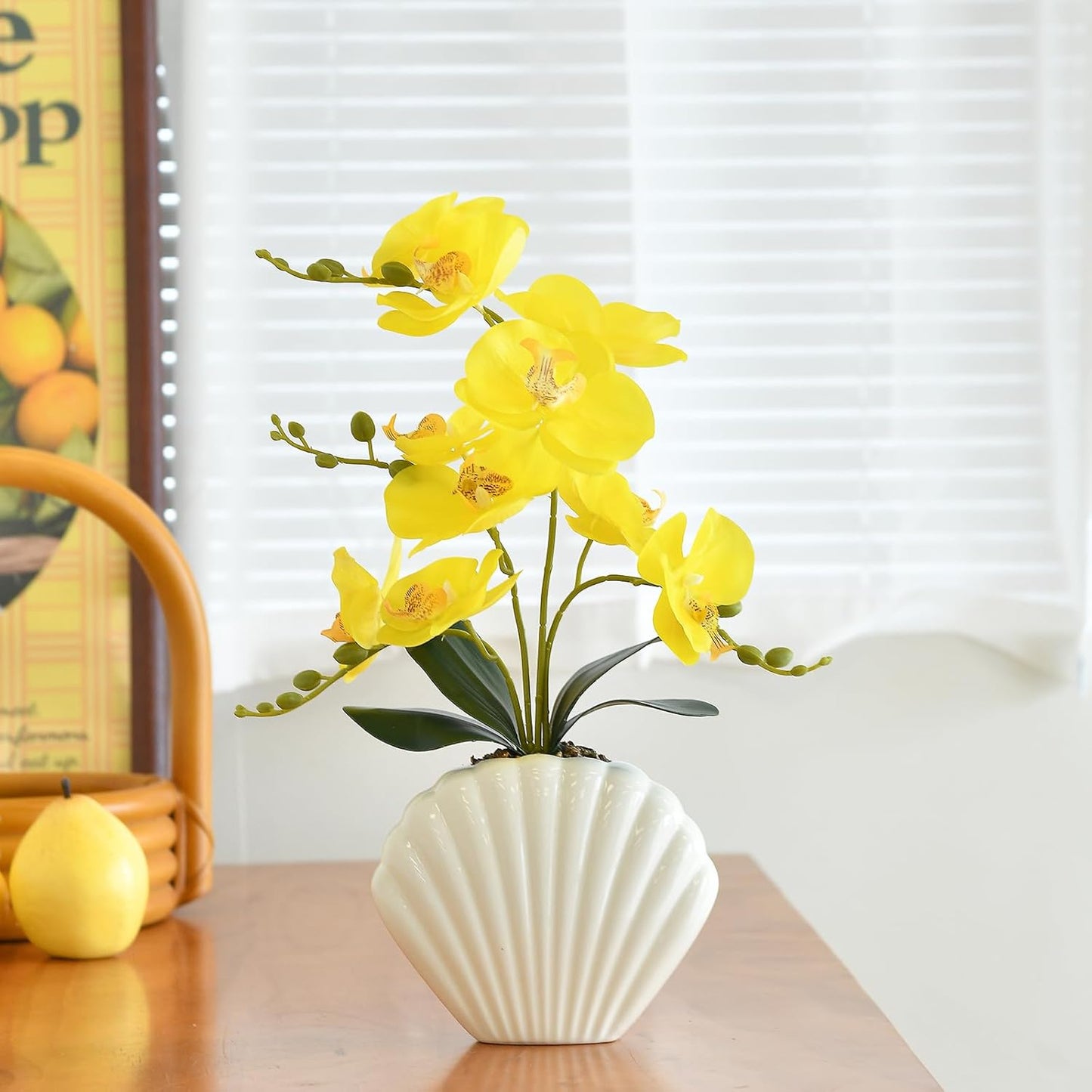 16" Yellow Silk Phalaenopsis Orchid in Seashell Pot for Table Décor | Lifelike Petals in Unique Shell-shaped Ceramic Pot for Home, Office, Table Centerpiece, No Watering, No Fading