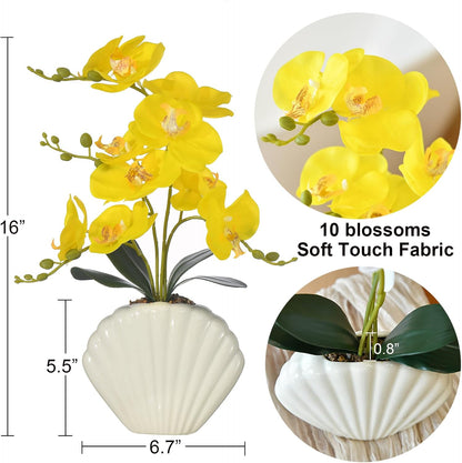 16" Yellow Silk Phalaenopsis Orchid in Seashell Pot for Table Décor | Lifelike Petals in Unique Shell-shaped Ceramic Pot for Home, Office, Table Centerpiece, No Watering, No Fading