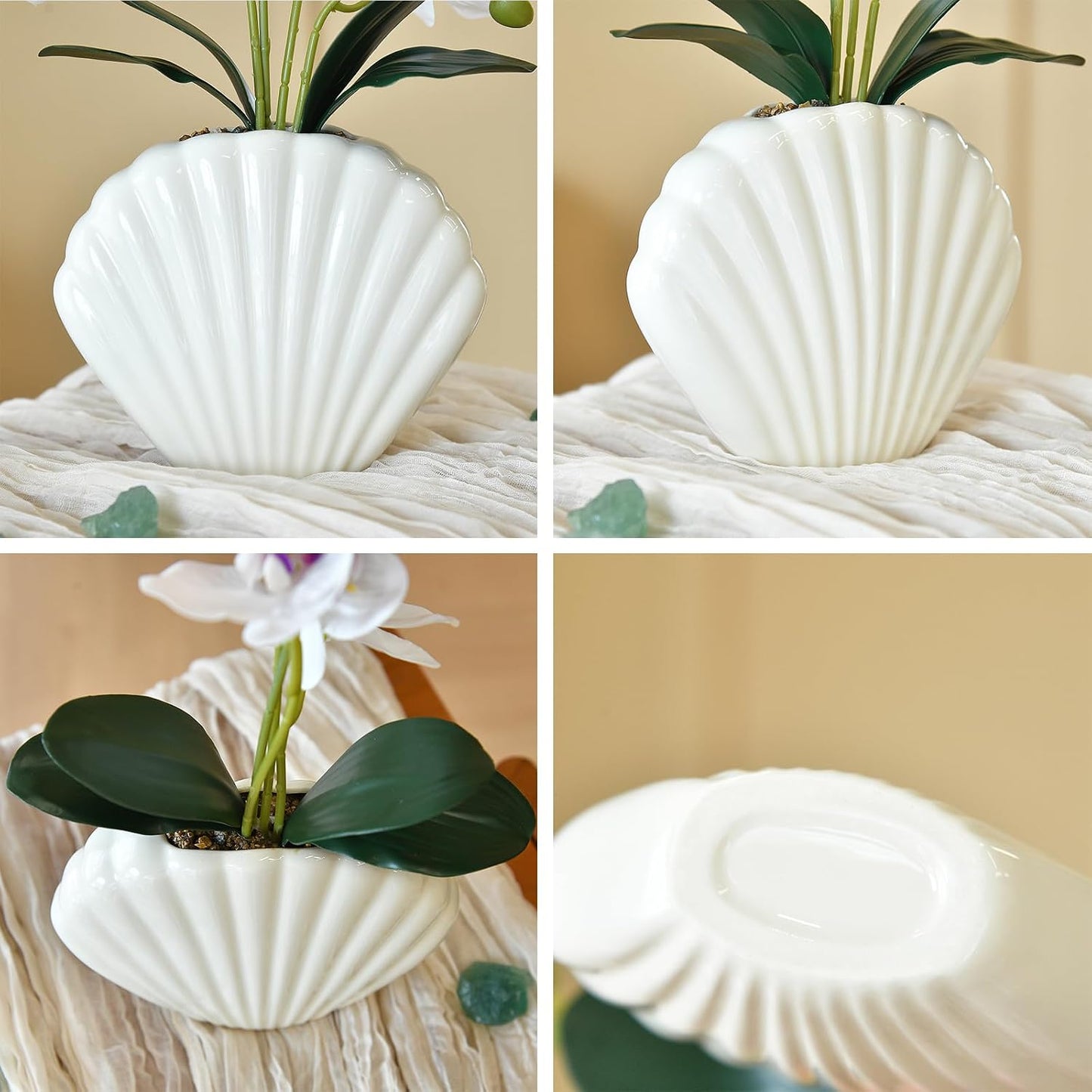 16" Yellow Silk Phalaenopsis Orchid in Seashell Pot for Table Décor | Lifelike Petals in Unique Shell-shaped Ceramic Pot for Home, Office, Table Centerpiece, No Watering, No Fading