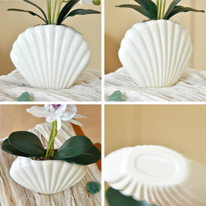 16" Yellow Silk Phalaenopsis Orchid in Seashell Pot for Table Décor | Lifelike Petals in Unique Shell-shaped Ceramic Pot for Home, Office, Table Centerpiece, No Watering, No Fading